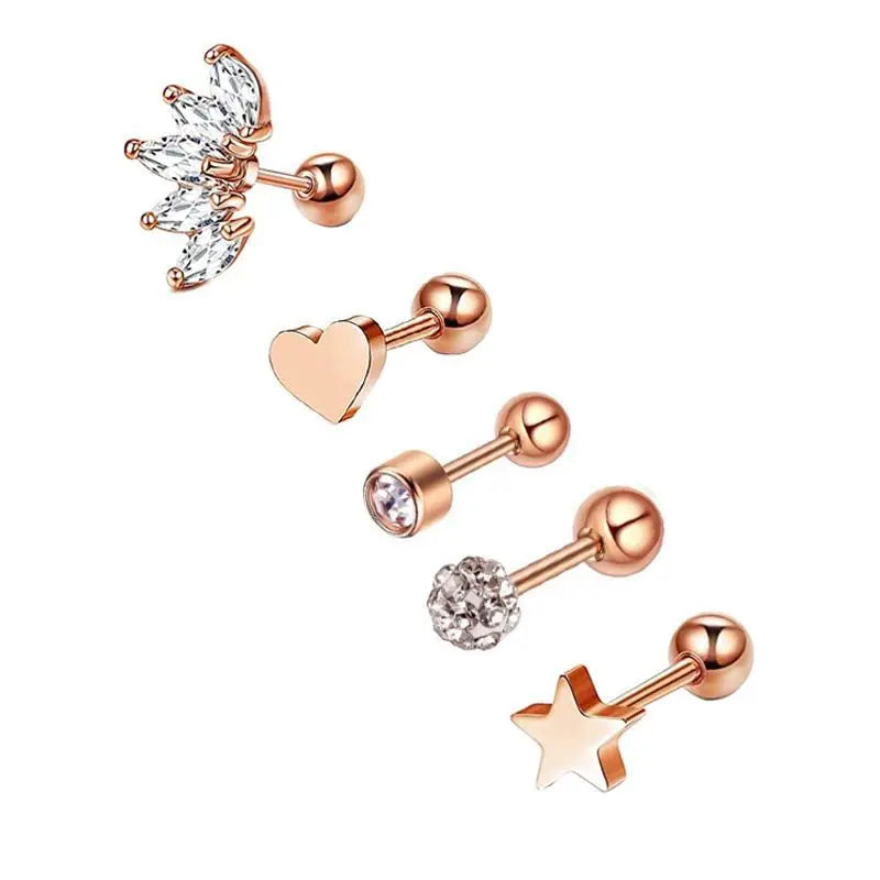 5PCS Heart Tragus Piercing Stud Earring Set | Small Lobe Stud Earrings Cartilage Piercing Helix Jewelry Barbell Stud Piercing Lot