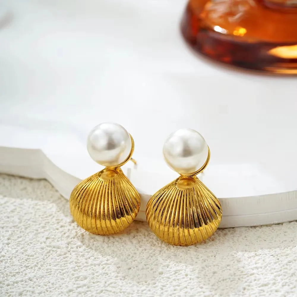 Vintage Gold Snail Shell Drop Earrings | CZ Zircon Beach Jewelry for Women