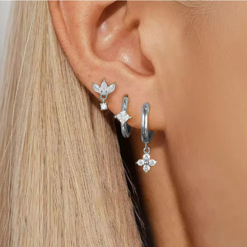 3PCS Stainless Steel Crown Chain Tassel Earring Set | Drop Flower Stud for Women