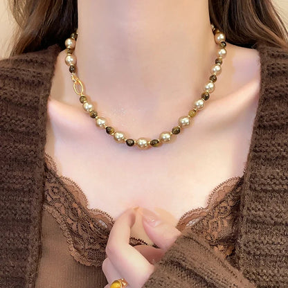 Warm Tiger's Eye Pearl Bead Necklace | Classic Sweater Chain Jewelry