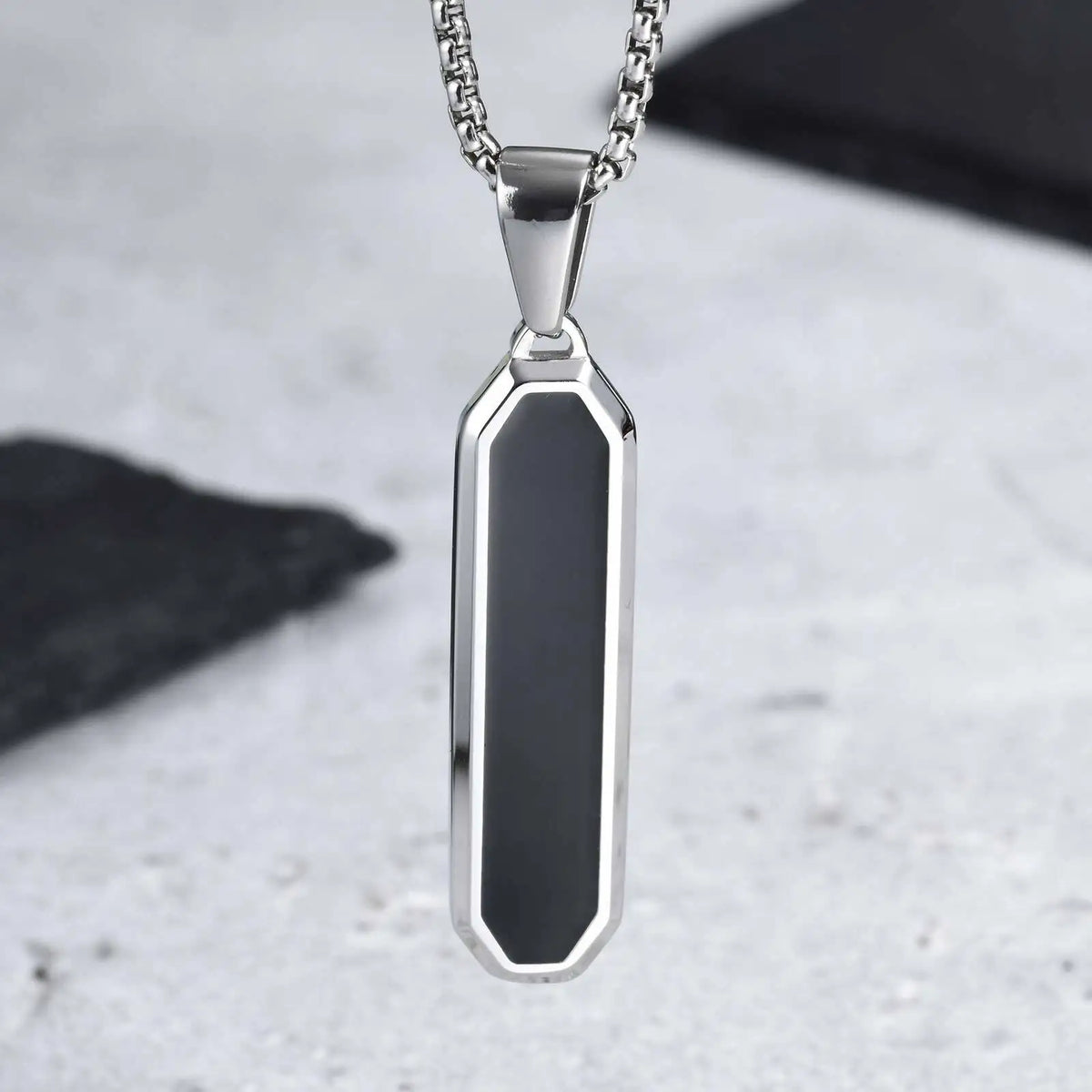 Men's Geometric Square Necklace | Black Enamel Rectangle Pendant with Rope Chain