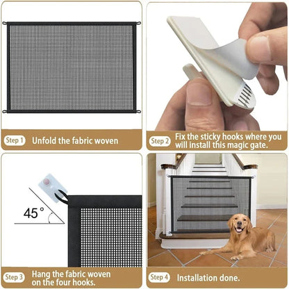 Pet Dog Safety Barrier Fence – Folding Mesh Gate with 4 Hooks for Stairs & Doorways