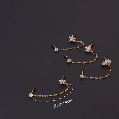 3PCS Stainless Steel Zircon Flower Star Ear Stud Earrings Set | 14K Gold Plated Chain Cartilage Piercing Earrings for Women
