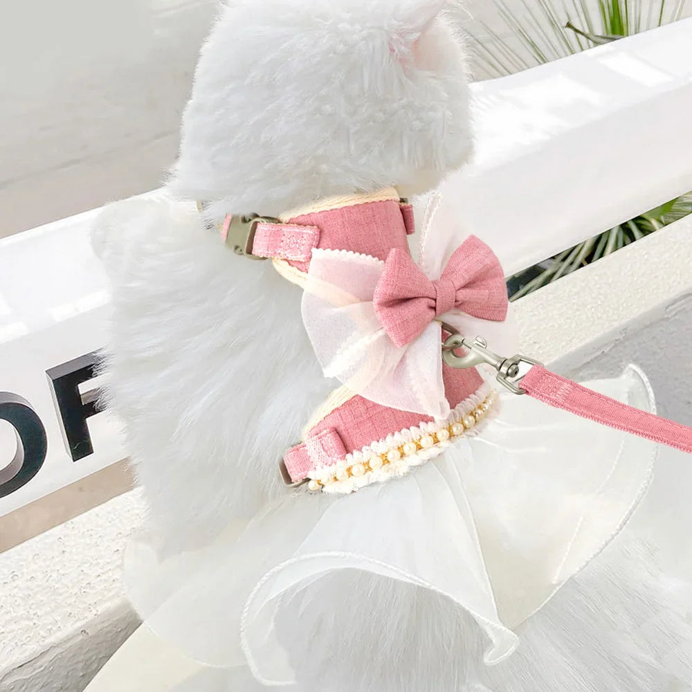 Cute Bowknot Cat Harness Dress with Leash