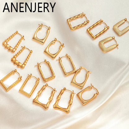 ANENJERY 316L Stainless Steel Hollow Square Texture Drop Earrings | Hypoallergenic Geometric Jewelry for Women