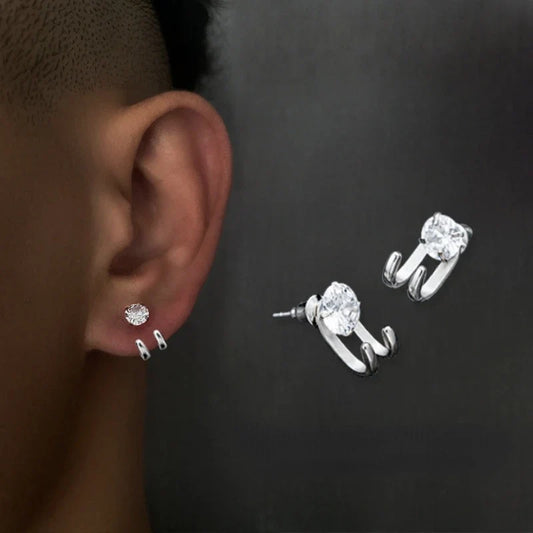 Zircon Stud Earrings Single Hook Shape | Trendy Hip-Hop Jewelry for Men Women