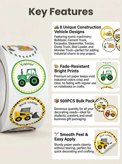 1 Roll (500 Stickers) Cartoon Engineering Vehicle Sticker Set | Teacher Reward Labels