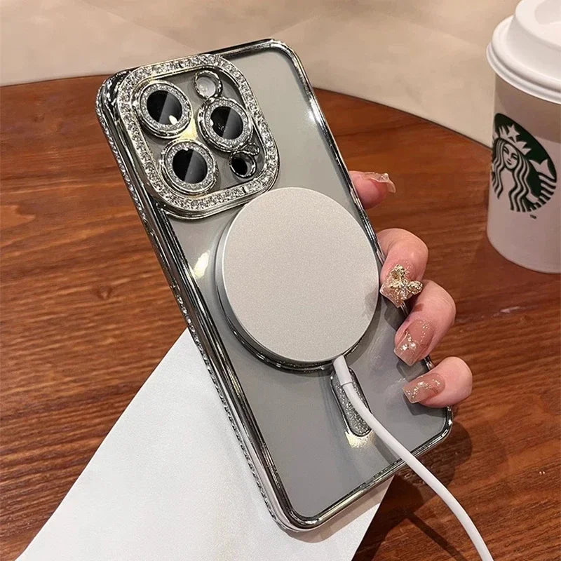 New Fashion Glitter Diamond Transparent Case For iPhone 16 15 14 13 17 12 Pro Max 16 Plus Magnetic Wireless Charge Bumper Cover