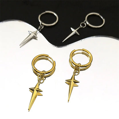 Stainless Steel Star Cross Hoop Earrings | Punk Kpop Y2K Drop Earrings for Women