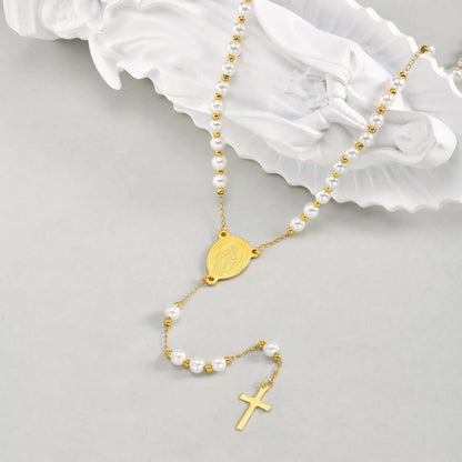 Vnox Pearl Rosary Beaded Necklace | Virgin Mary Religious Cross Jewelry for Women