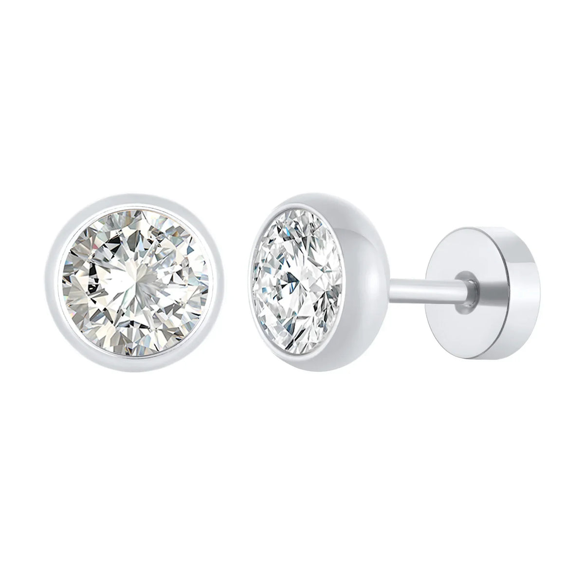 8mm Stainless Steel Screw Back Earrings for Men | Faceted Zircon Studs
