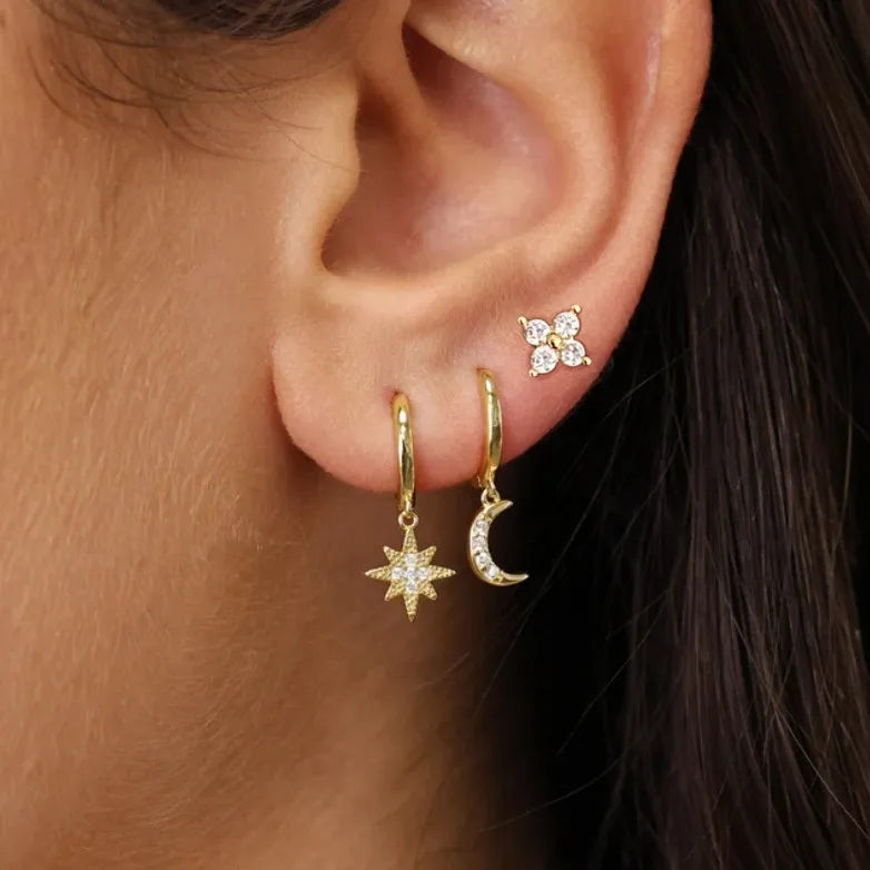 3Pcs Crystal Tragus Stud Earring Set | Flower Cartilage Huggie Earring Bulk Helix Jewelry Women Fashion Heart Lobe Earring Pack