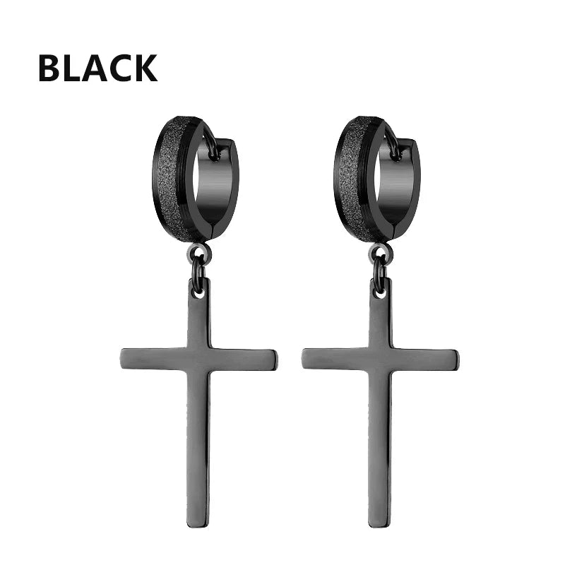 Stainless Steel Frosting Hoop Earrings | Punk Cross Dangle Earrings for Unisex