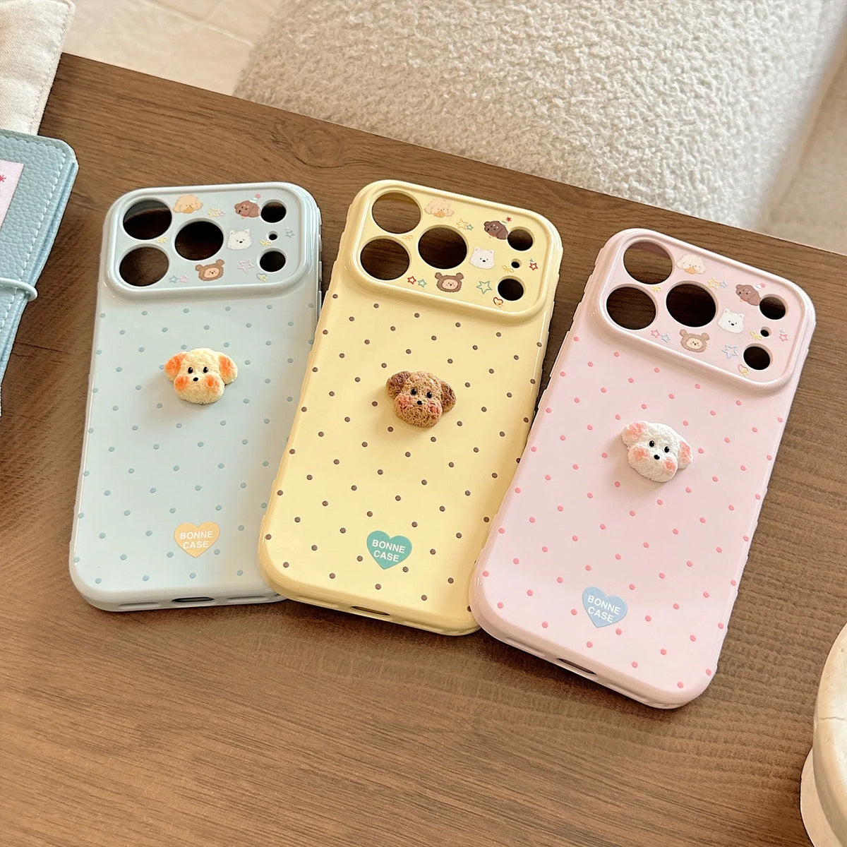 Korean Polka Dots 3D Cartoon Puppy Phone Case For iPhone 17 16 15 14 13 12 Pro Max Candy Colors Shockproof Protective Soft Cover