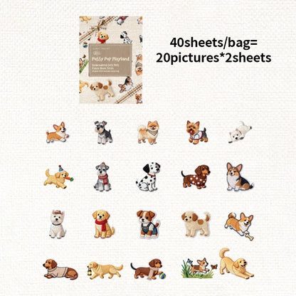 Kawaii Embroidered Fabric Pet Sticker Set | 40Pcs White Kraft Paper Journal Decor