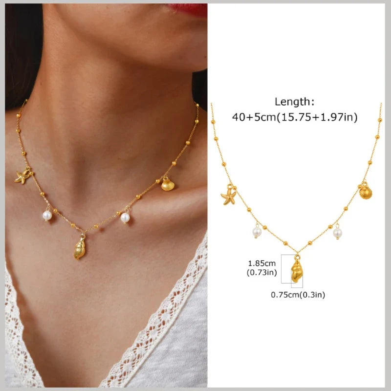 18k Gold Plated Pearl Shell Starfish Necklace | Summer Beach Jewelry for Women