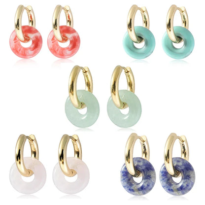 Natural Stone Double Hoop Earrings | Crystal Circle Dangle Drops for Women