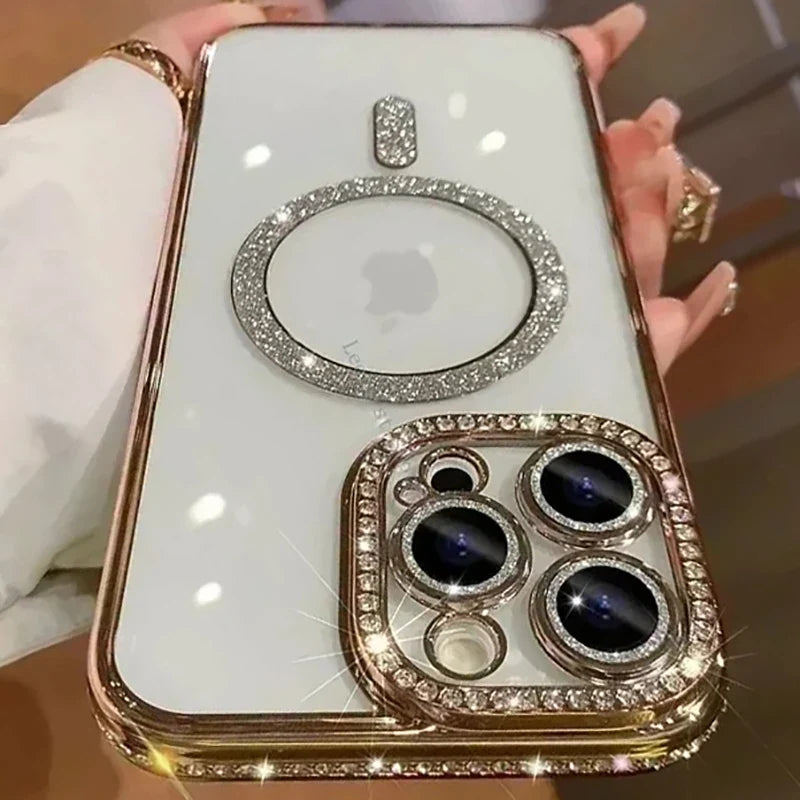 New Fashion Glitter Diamond Transparent Case For iPhone 16 15 14 13 17 12 Pro Max 16 Plus Magnetic Wireless Charge Bumper Cover