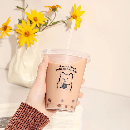 Kawaii Water Bottle for Coffee Juice Milk Tea | Cute Plastic Cold Cups with Straw Lid