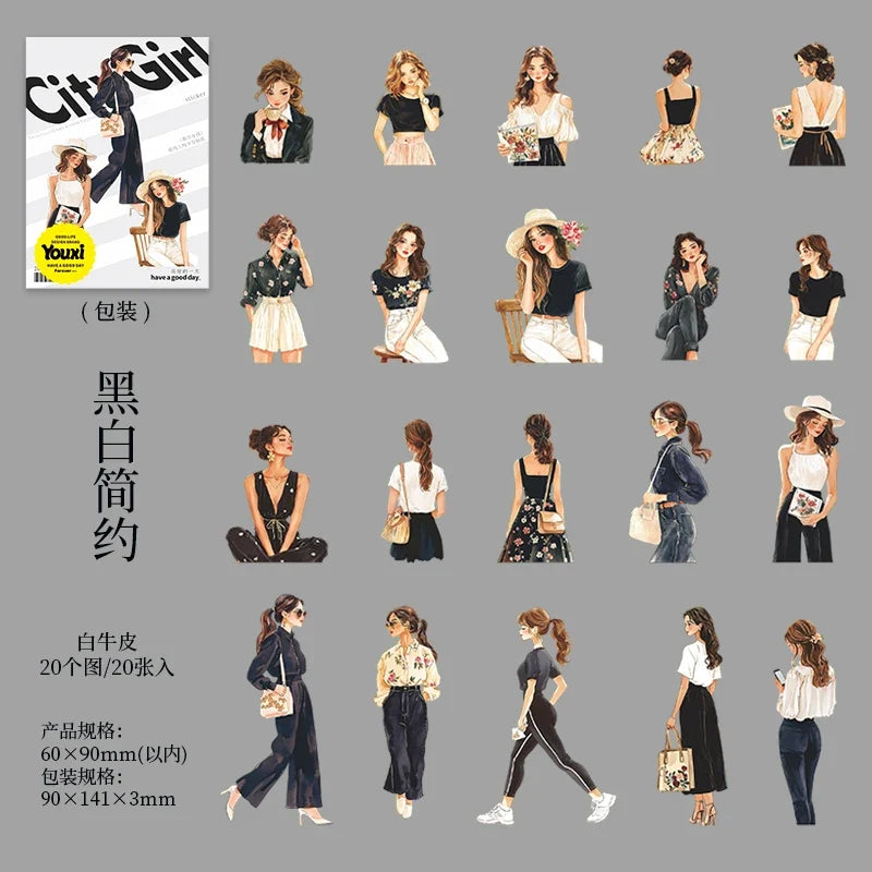20pcs Fashion Girl Wear Stickers Set | Trendy Character Decals for Laptop Scrapbooking Diary DIY Collage Junk Journal