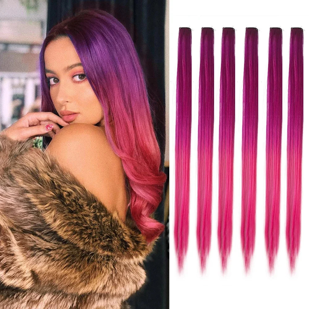 Clip in Hair Extensions 6pcs/pack Colored Party Highlights 22 inches Multi-colors Straight Hair Synthetic Hairpieces Purple Pink
