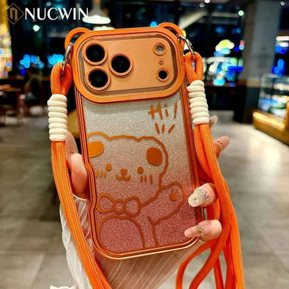 Orange Cute Bear Ear Plating Transparent Long Lanyard Case For iPhone 17 Pro Max 17Pro 17 Air Clear Soft TPU Shockproof Cover