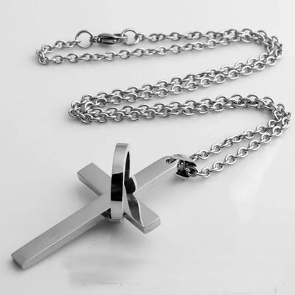 Simple Cross With Circle Pendant Necklace | Stainless Steel Christ Cruz Chain for Men and Boys