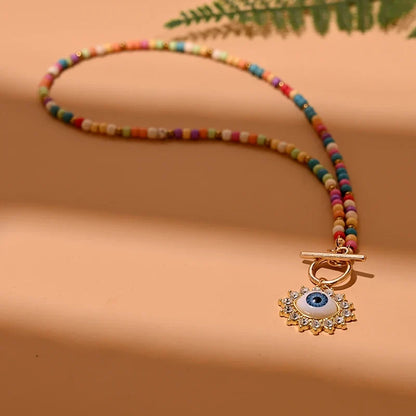 Colorful Stone Choker Necklace | Round Evil Charm Pendant for Women