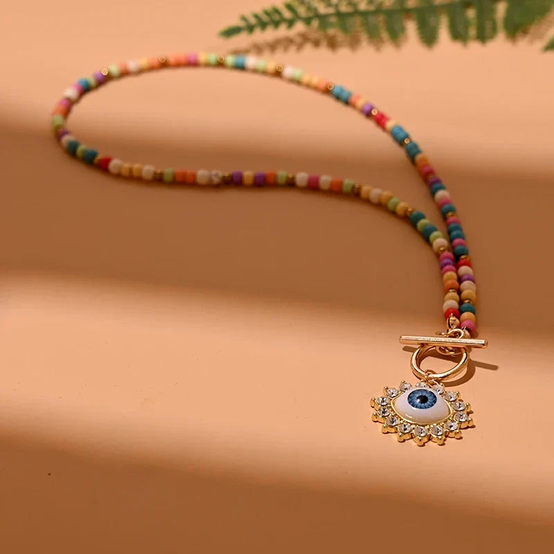 4mm Colorful Stone Choker Necklace for Women | Round Evil Charm Pendant