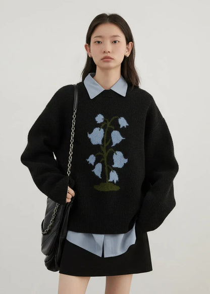 O-Neck Floral Cashmere Sweater Warm Winter Jumper