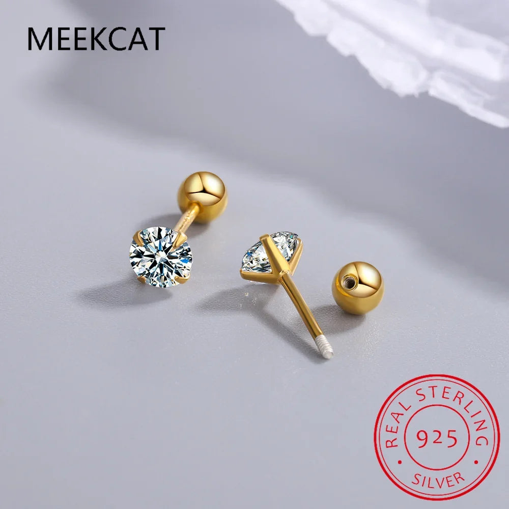 18K Gold Over Silver Moissanite Stud Earrings | Screw Back Safety Earrings for Women Men