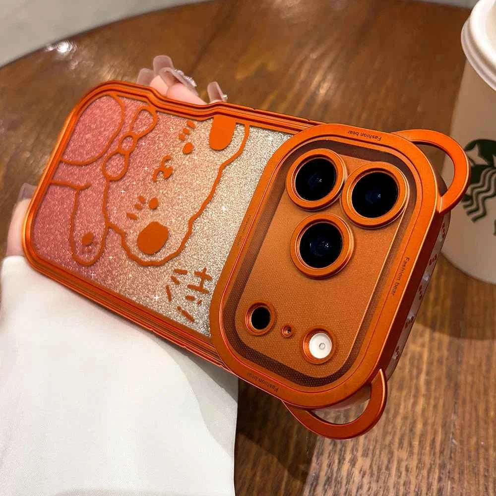 Orange Cute Bear Ear Plating Transparent Long Lanyard Case For iPhone 17 Pro Max 17Pro 17 Air Clear Soft TPU Shockproof Cover