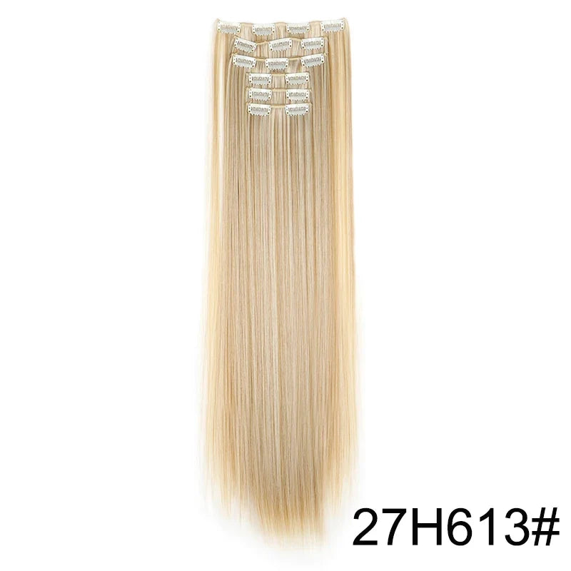 Synthetic 24 Inch Clip In Hair Extensions | Long Straight Blonde Black Heat Resistant Daily Use