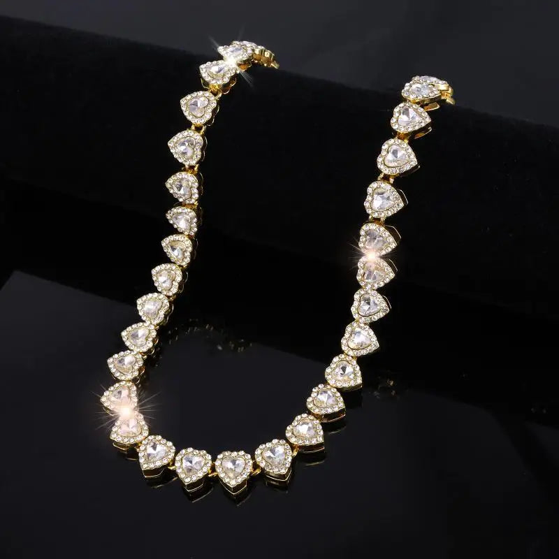 Shiny Heart Rhinestone Hip Hop Chain Necklace and Bracelet Set | Hip Hop Jewelry