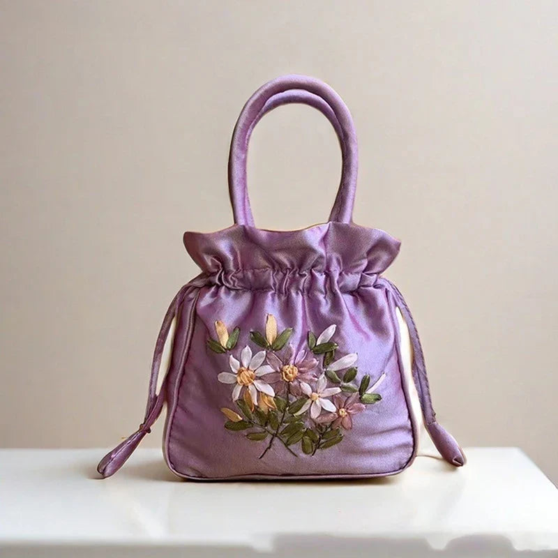 ZTBBAO Embroidered Flower Bucket Bag | Small Top Handle Handbag for Women