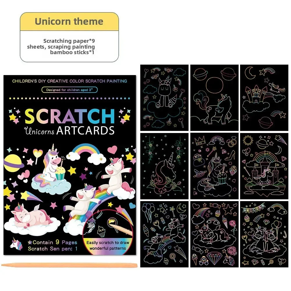 Rainbow Scratch Art Paper Kit for Kids | 9-Piece Magic Drawing Set