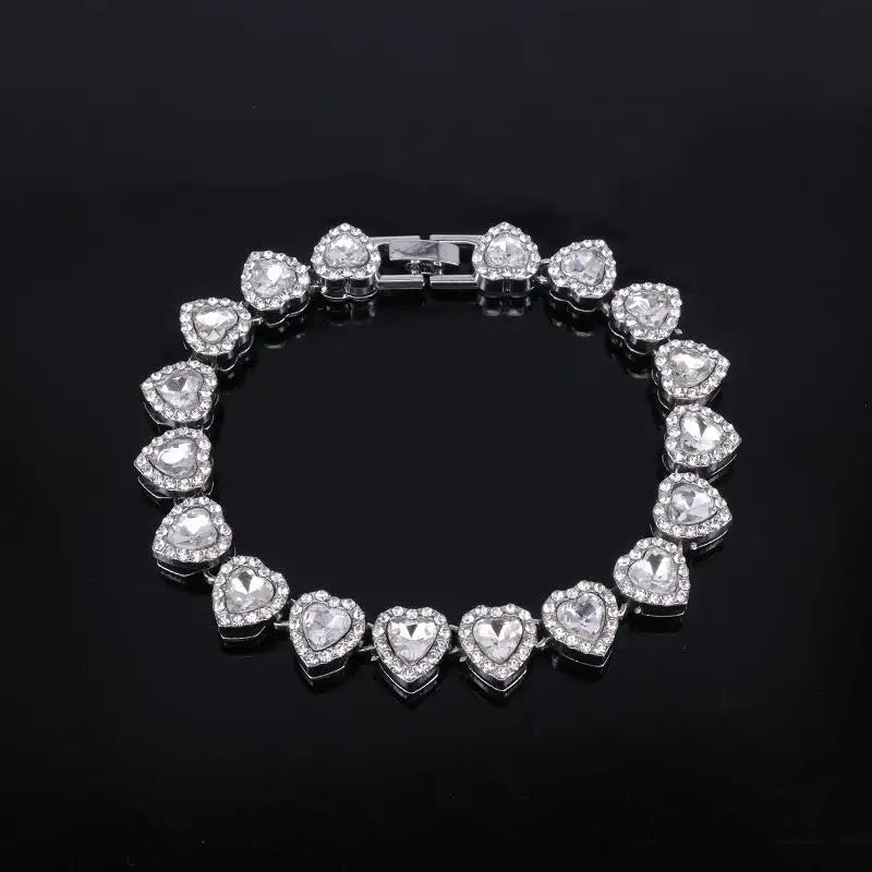 Shiny Heart Rhinestone Hip Hop Chain Necklace and Bracelet Set | Hip Hop Jewelry