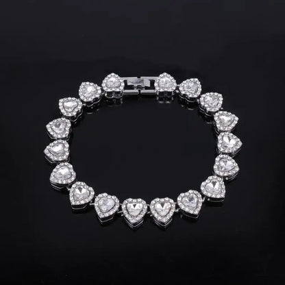 Shiny Heart Rhinestone Hip Hop Chain Necklace and Bracelet Set | Hip Hop Jewelry