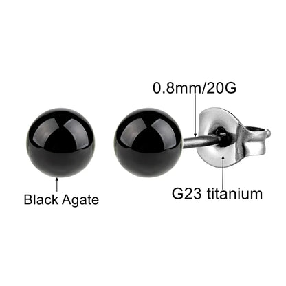 Black Agate Titanium Stud Earrings | Hypoallergenic Round Onyx Ear Lobe Jewelry for Women and Men