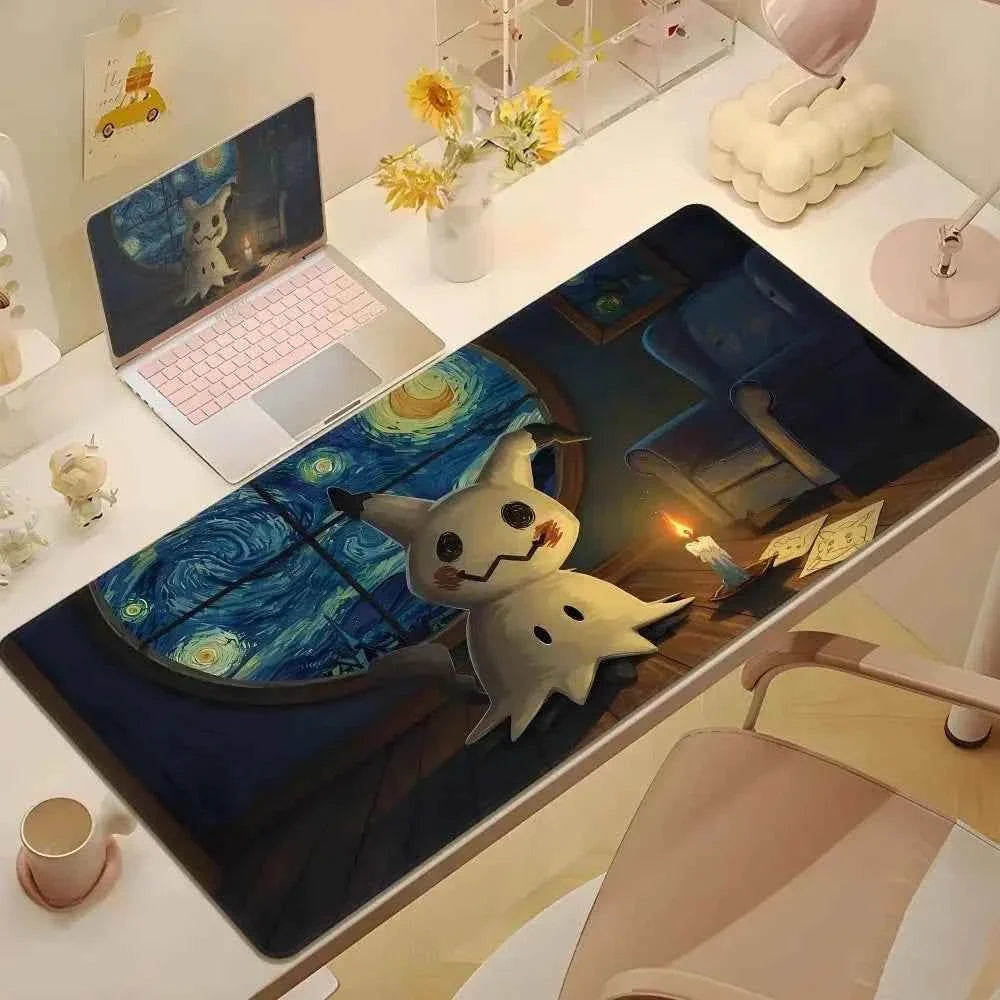 Cute Psyduck Gaming Leather Mouse Pad PC Pikachu Large Size Gamer Keyboard Pokemon Desktop Mouse Mat Starry Night Tablecloth