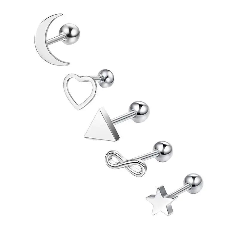 5PCS Heart Tragus Piercing Stud Earring Set | Small Lobe Stud Earrings Cartilage Piercing Helix Jewelry Barbell Stud Piercing Lot