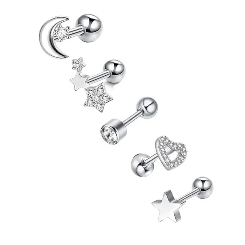 5PCS Heart Tragus Piercing Stud Earring Set | Small Lobe Stud Earrings Cartilage Piercing Helix Jewelry Barbell Stud Piercing Lot