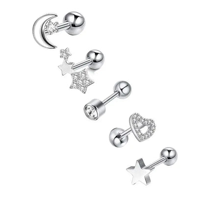 5PCS Heart Tragus Piercing Stud Earring Set | Small Lobe Stud Earrings Cartilage Piercing Helix Jewelry Barbell Stud Piercing Lot