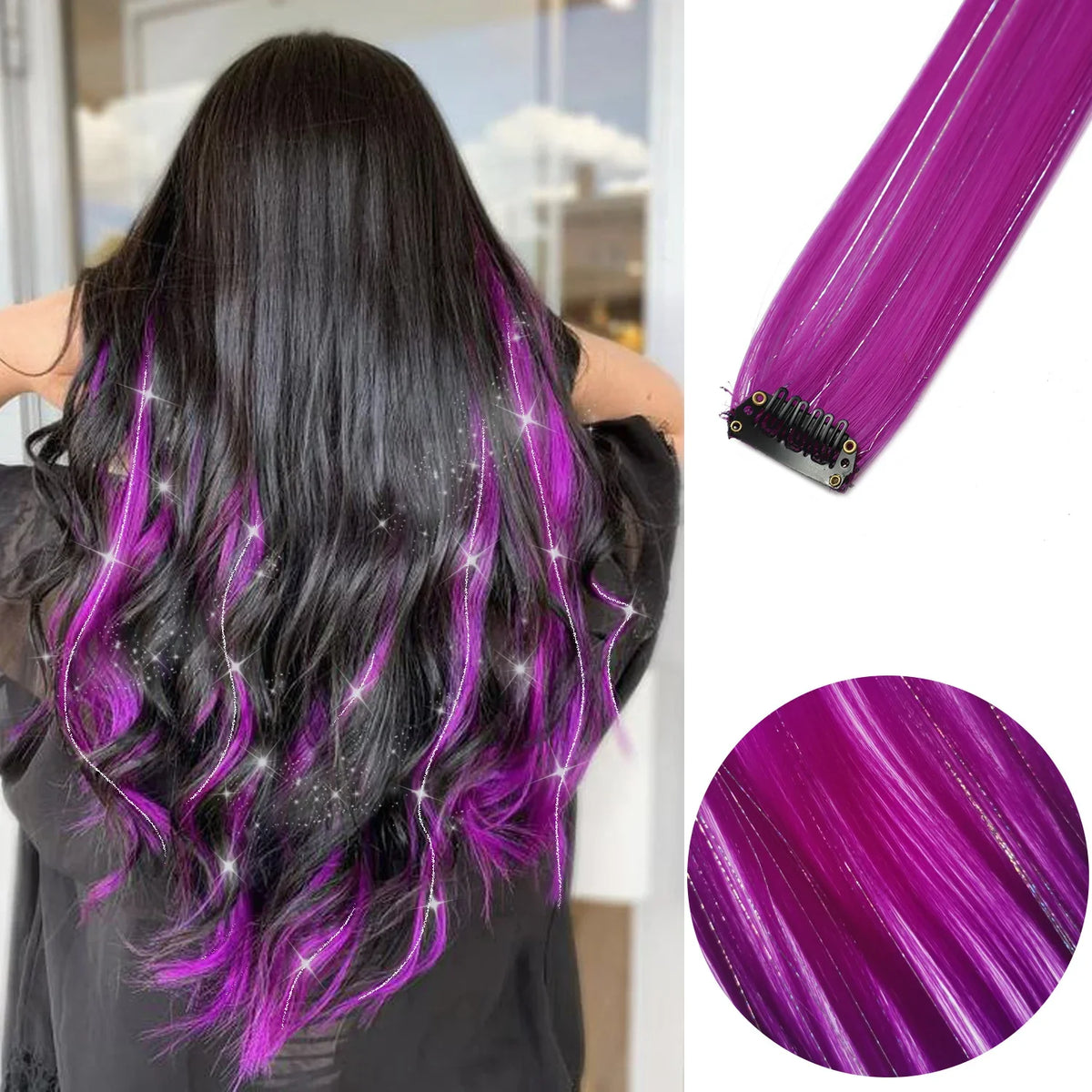 Clip in Hair Extensions 6pcs/pack Colored Party Highlights 22 inches Multi-colors Straight Hair Synthetic Hairpieces Purple Pink
