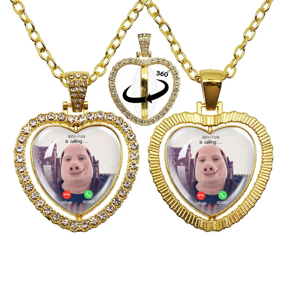 John Pork Is Calling Answer Phone Humor Funny Pig Lover Heart Pendant Necklace | Funny Gift Jewelry