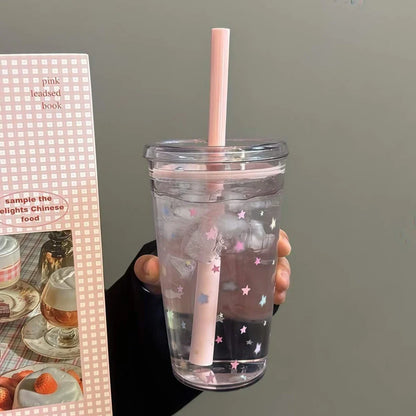 450ml Korean Style Straw Cup | Transparent Multi-Color Plastic Coffee Cup