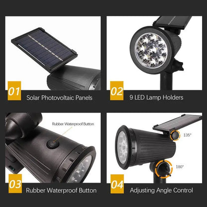 9LED Solar Spotlights Garden Waterproof IP65 Spot Lights Brightness Adjustable for Outdoor Backyard Driveway Lawn Decor Lighting