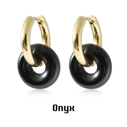 Natural Stone Double Hoop Earrings | Crystal Circle Dangle Drops for Women