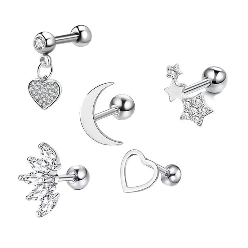 5PCS Heart Tragus Piercing Stud Earring Set | Small Lobe Stud Earrings Cartilage Piercing Helix Jewelry Barbell Stud Piercing Lot