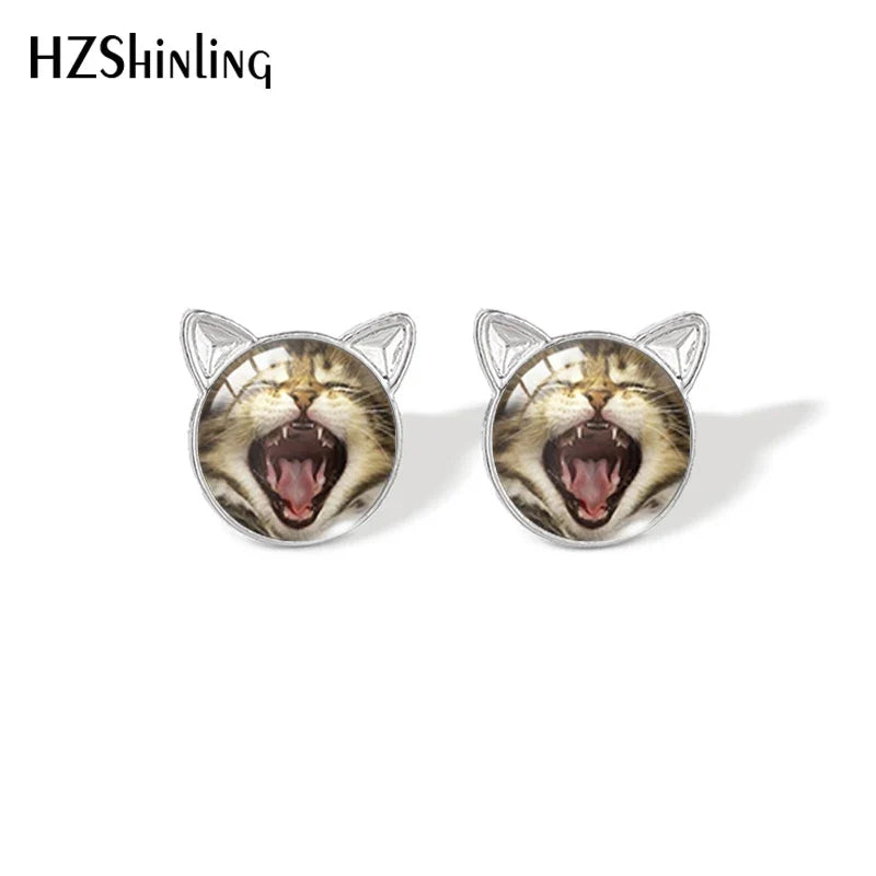 Lovely Cat Face Stud Earrings | Handmade Glass Dome Photo Printed Jewelry for Women